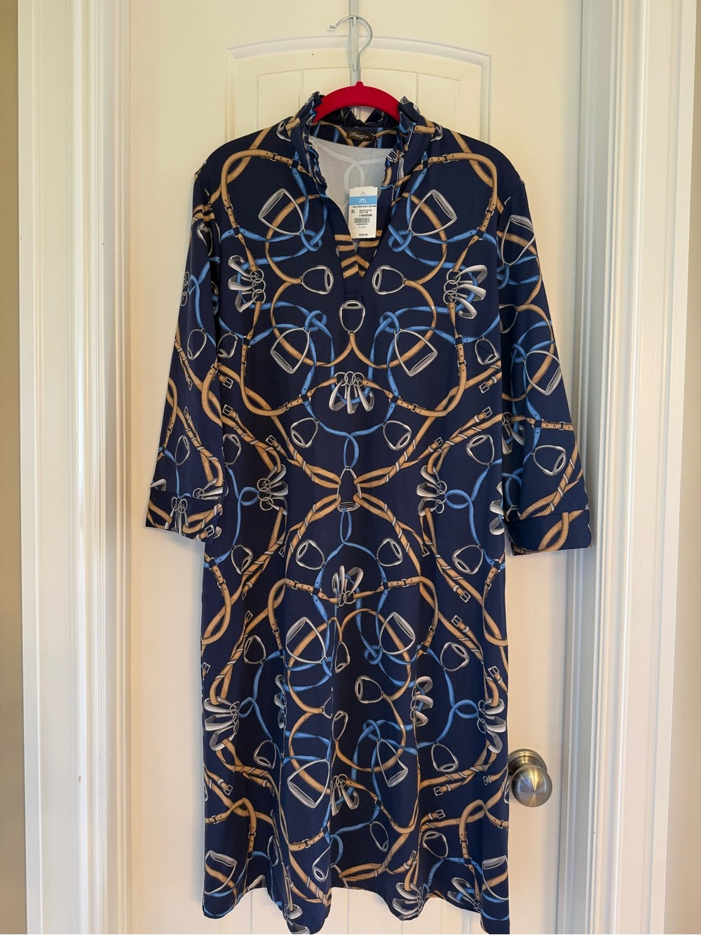 J. McLaughlin Navy Chain-Print Long Sleeve Shift Dress